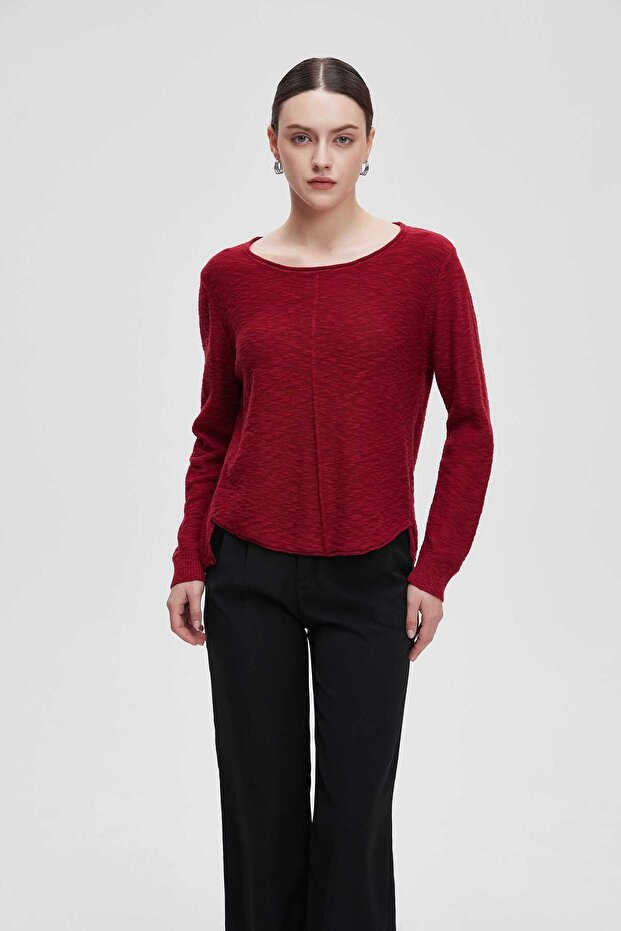 بلوزة طويلة سادة بياقة بيضاوية - 6