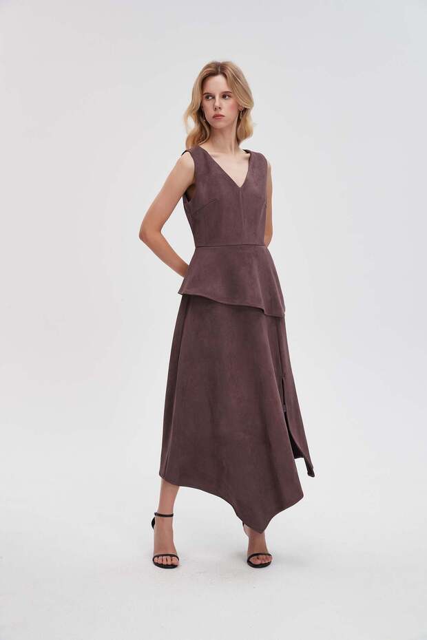 فستان ماكسي بني سادة بقصة حرف A - 2