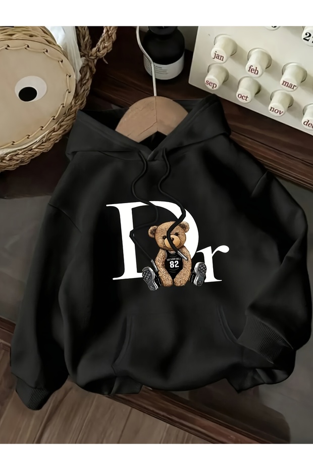 سويت شيرت للجنسين من Dr Bear مطبوع بغطاء رأس ذو جيب كنغر مريح وقصة قصة فضفاضة قطع