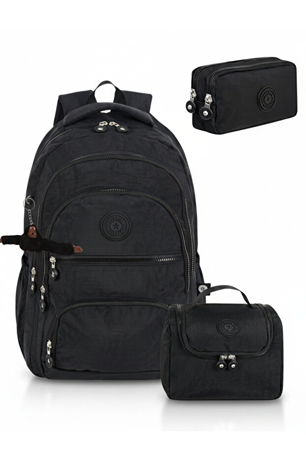 Mega Boy Set of 3 Black Luxury Crinkle Fabric High School and Middle School Backpacks with Pen Holder and Monkey Keychain