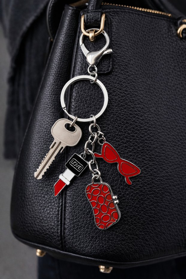 Stylish Women's Metal Lipstick Glasses Bag Figured Keychain Purse Charm