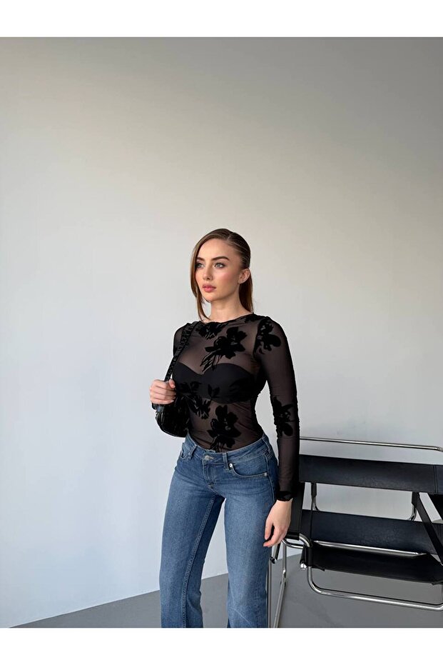 Flok Baskılı Transparan Bluz - 1