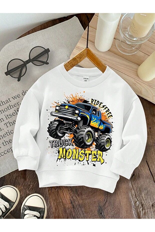 Truck Monster Printed Boys Winter Children's Sweatshirt White