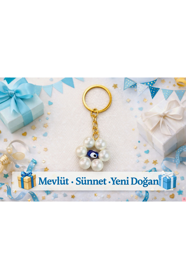 10 Pieces Pearl Evil Eye Beaded Keychain – Mevlüt Circumcision Newborn Wedding Engagement Bulk Gift
