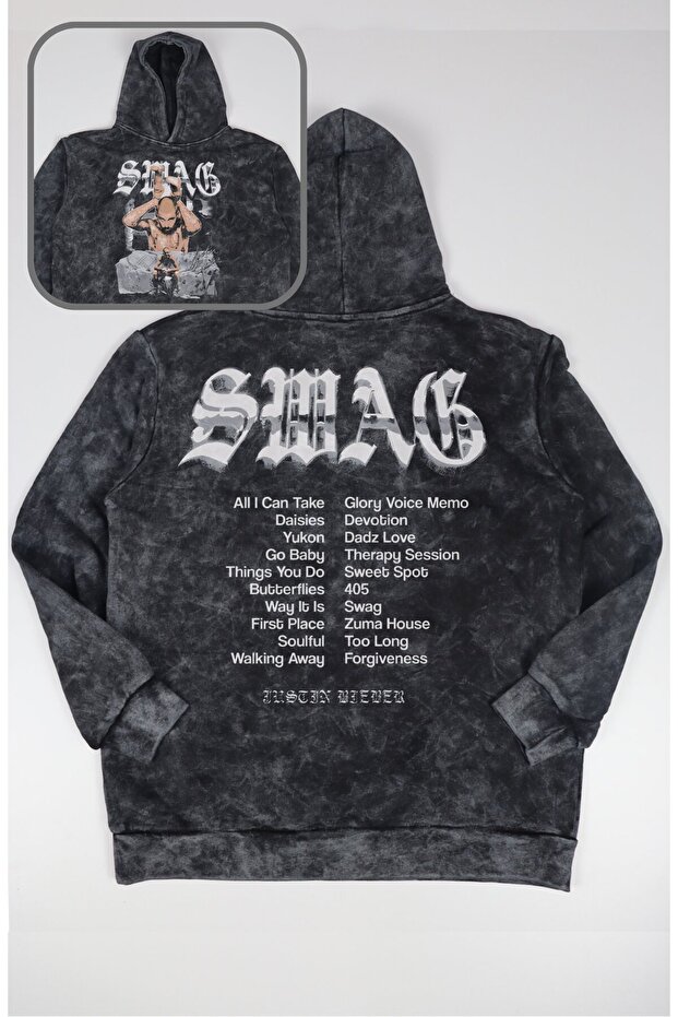 Unisex Swag Back Printed Hooded Washed Sweatshirt, Oversized Justin Bieber Themed Retro Hoodie