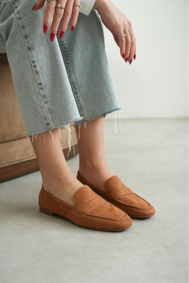 Women's Tan Suede Leather Look Blunt Toe Soft and Lightweight Orthopedic Loafer Ballet Shoes