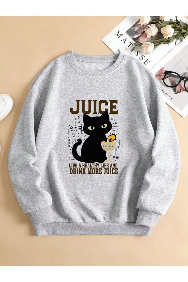 Juice Black Cat Printed Unisex Winter Children's Sweatshirt Gray