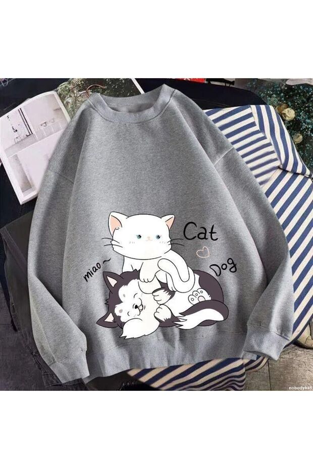 Cat Dog Printed Unisex Winter Children's Sweatshirt Gray