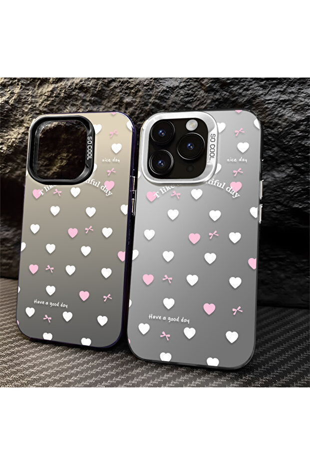 iPhone 16 Pro Compatible Silicone Edge Hard Back Anti-Fall Case Heart Pattern - 8