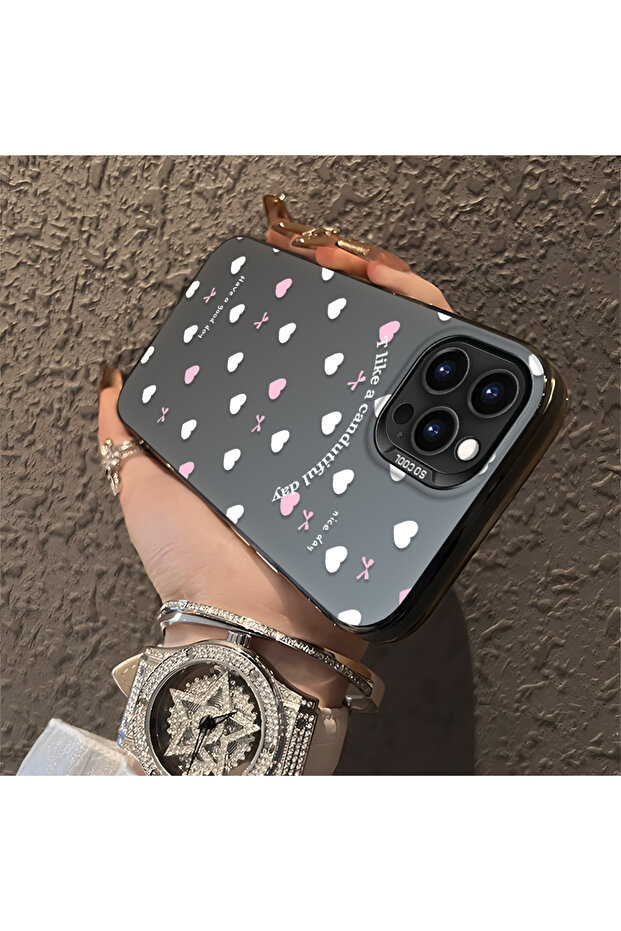 iPhone 16 Pro Compatible Silicone Edge Hard Back Anti-Fall Case Heart Pattern - 3