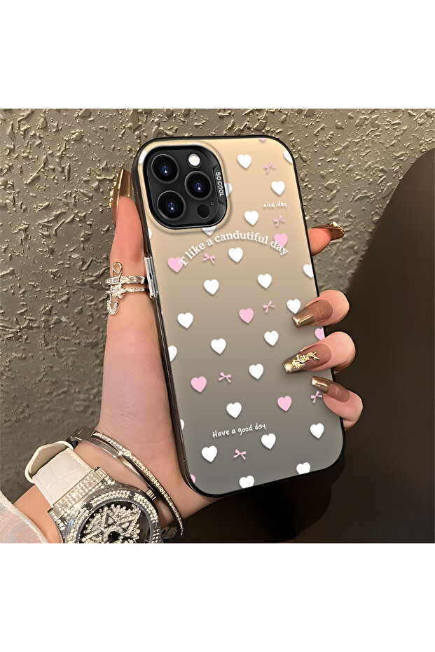 iPhone 16 Pro Compatible Silicone Edge Hard Back Anti-Fall Case Heart Pattern - 4