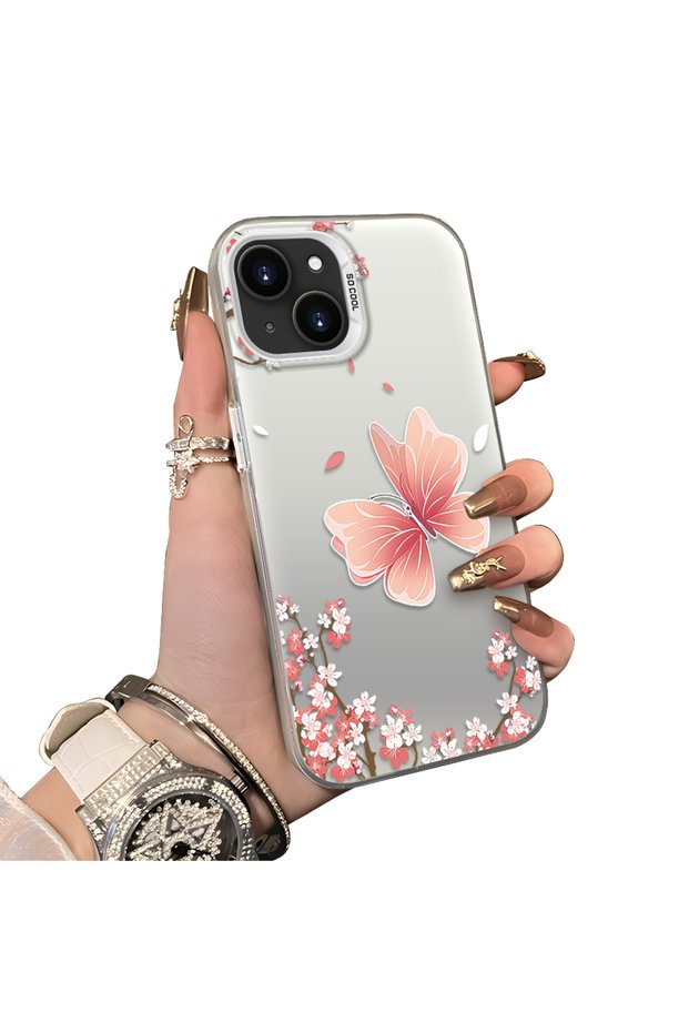 حافظة من السيليكون متوافقة مع هاتف iPhone 13/14 ذات حافة من السيليكون وظهر صلب ومضاد للسقوط بنمط الفراشة