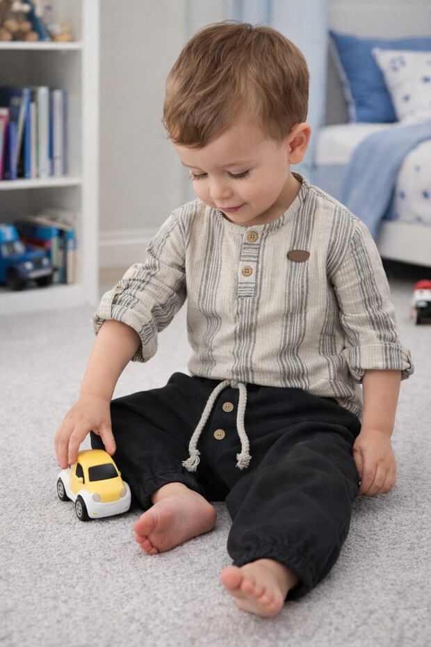 Eid Season Baby Boy Double Set Foldable Sleeves Muslin Top and Pants Set 2218
