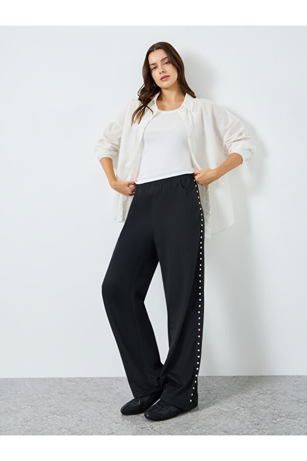 Women Black Embellished Wide Leg Joggers