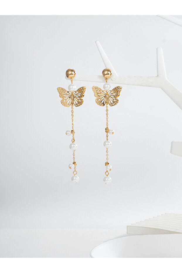 Women Butterfly Faux Pearl Dangle Earrings