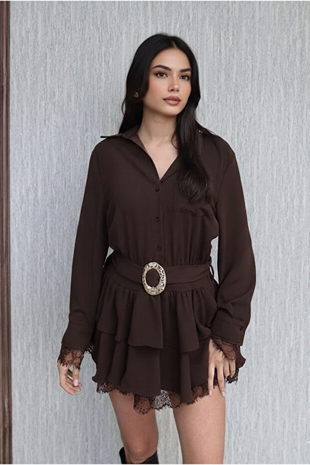 Brown Sleeve and Hem Ruched Belted Dress - 35518