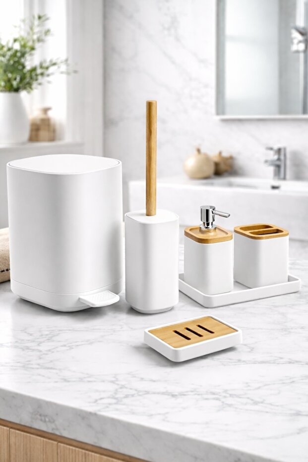 طقم حمام من الخيزران مربع الشكل 6 قطع (غطاء أوتوماتيكي سعة 6.5 لتر)
