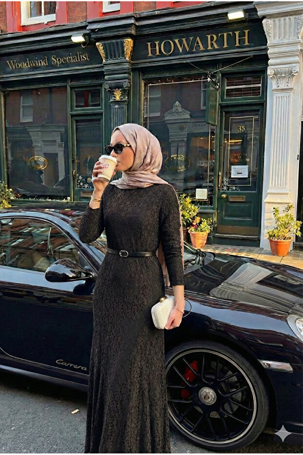 Tesettür Dantelli Elbise - 1