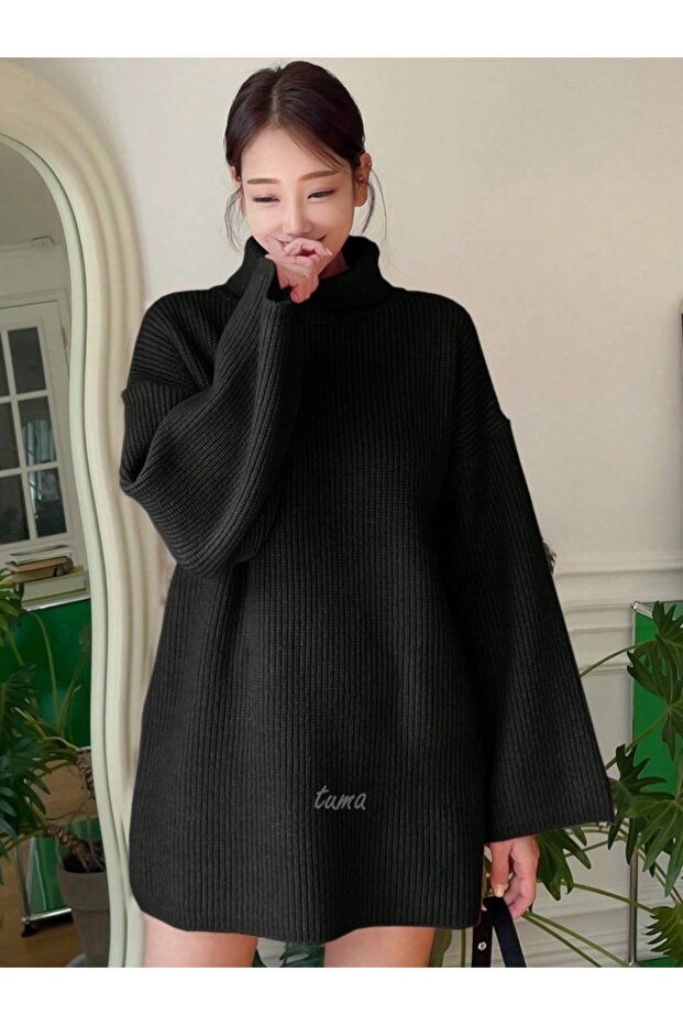 Women's Turtleneck Off-Shoulder Wide-Cut Knitwear Sweater Tuma8084