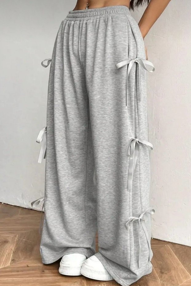 Ribbon Detailed Wide Leg Elastic Waist Gray Sweatpants
