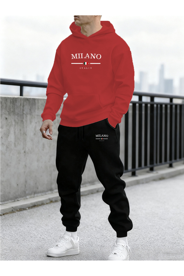 Men's Milano Printed Comfortable Fit Hooded Pocket Top Jogger Elastic Cuff Bottom Tracksuit Set