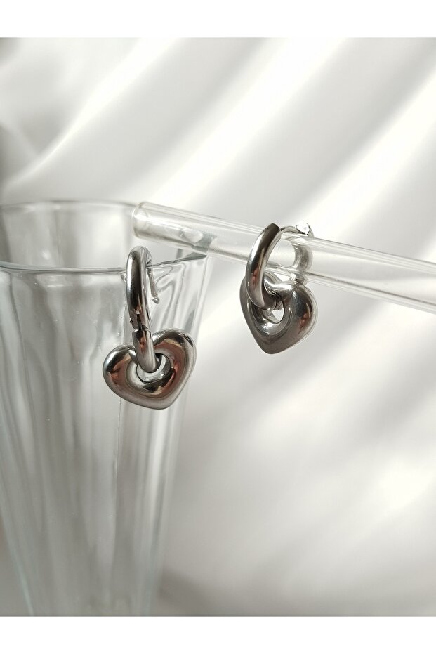 Rasha Design 3D Heart Figured Silver Color Steel Earrings