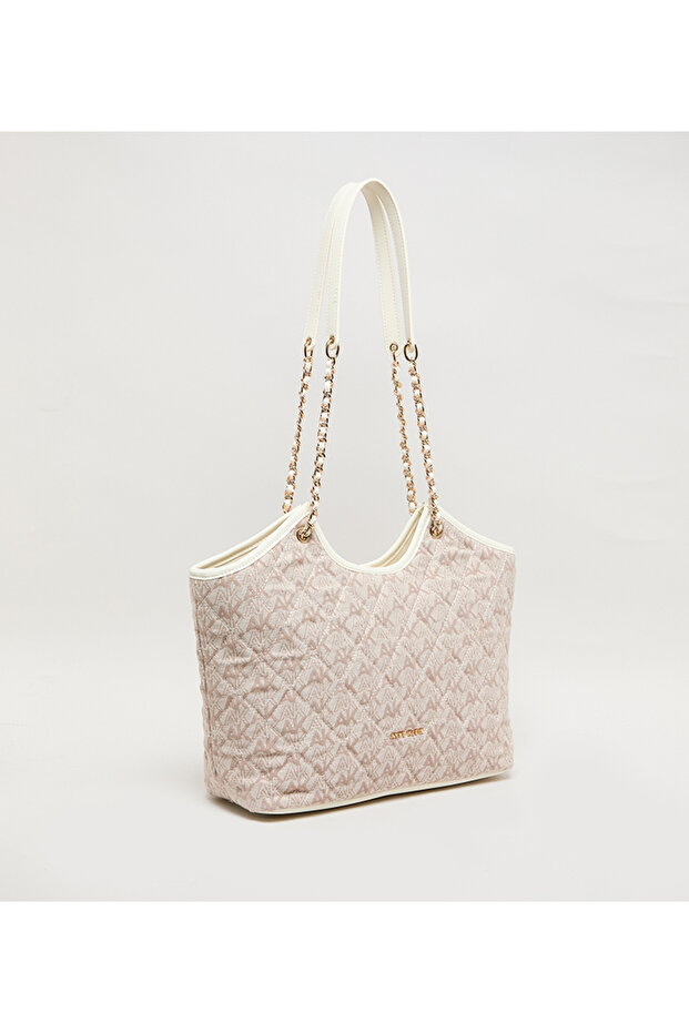 حقيبة كتف من الجلد الصناعي بنقشة المونوغرام - 3