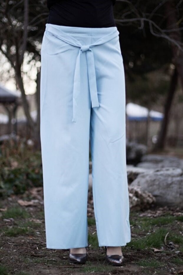 Elastic Waist Belted Wide Leg Trousers - Baby Blue