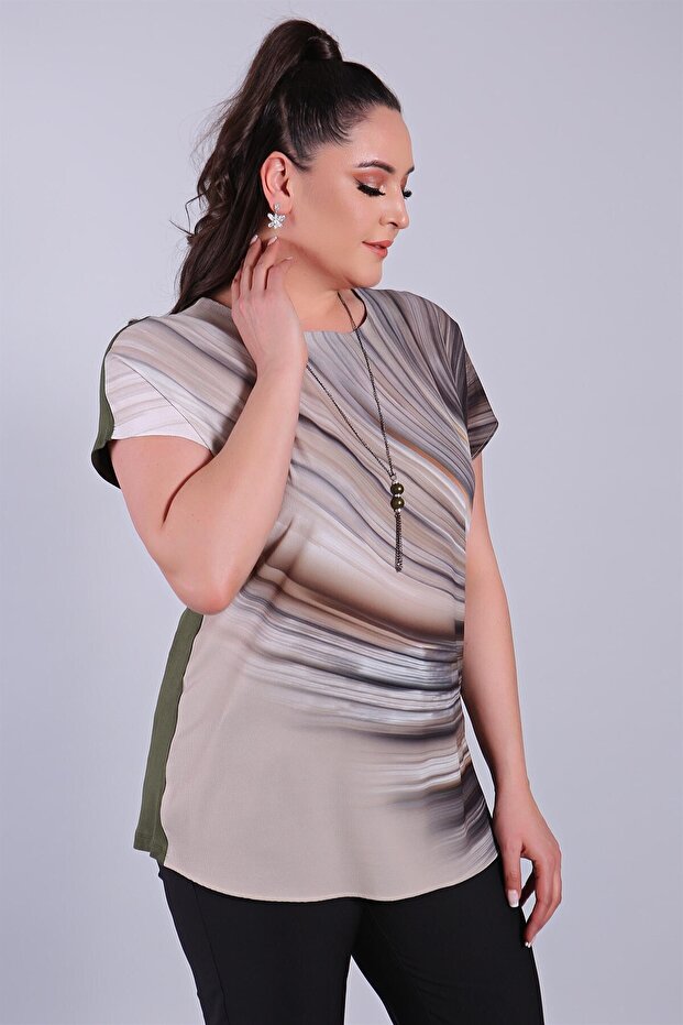 Μπλούζα με χακί Wave Pattern με χαμηλό μανίκι Plus Size - 1