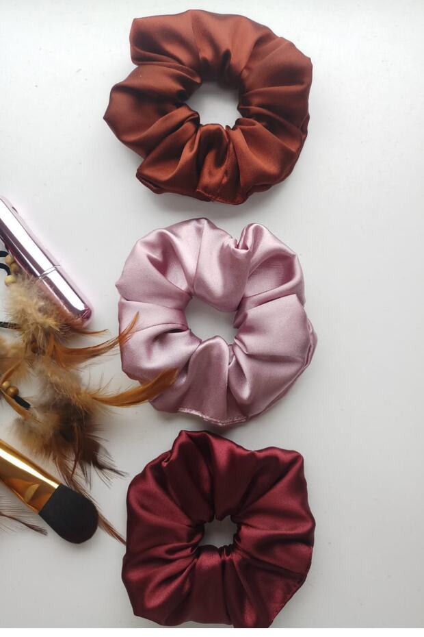 Rose Satin Hair Rubber Scrunchie Set of 3 Plum | Coffee | Powder Color Evening Dress Blouse Sports Accessory Buckle Set
