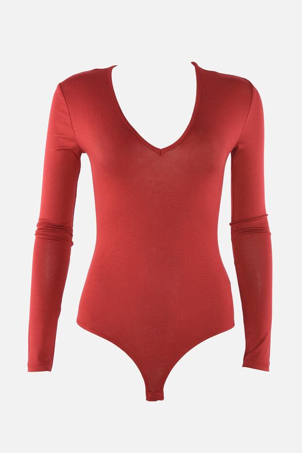 Burgundy Deep V Neck Snap Fastener Knitted Bodysuit Tpraw22Bd0084 - 11