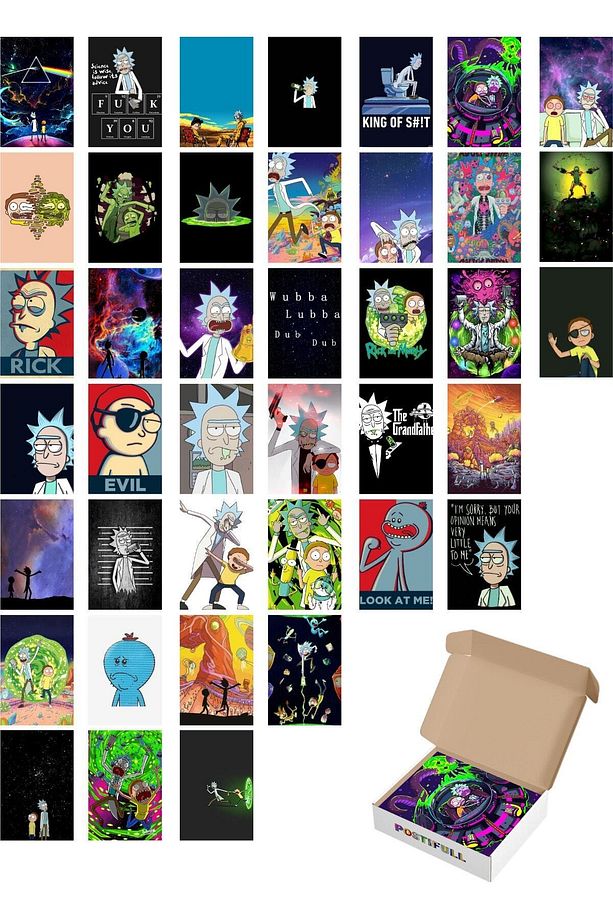 Rick And Morty Duvar Poster Seti - Kolaj Set - 40 Adet - Kalın Kuşe Kağıt - 10cm*14cm - 1