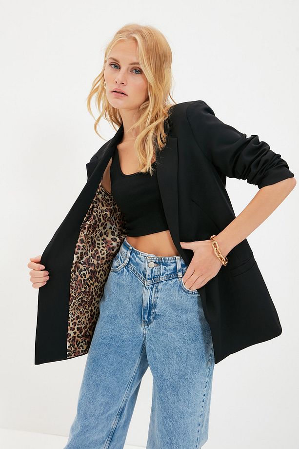 Siyah Regular Astar Detaylı Dokuma Blazer Ceket TWOAW20CE0316 - 1