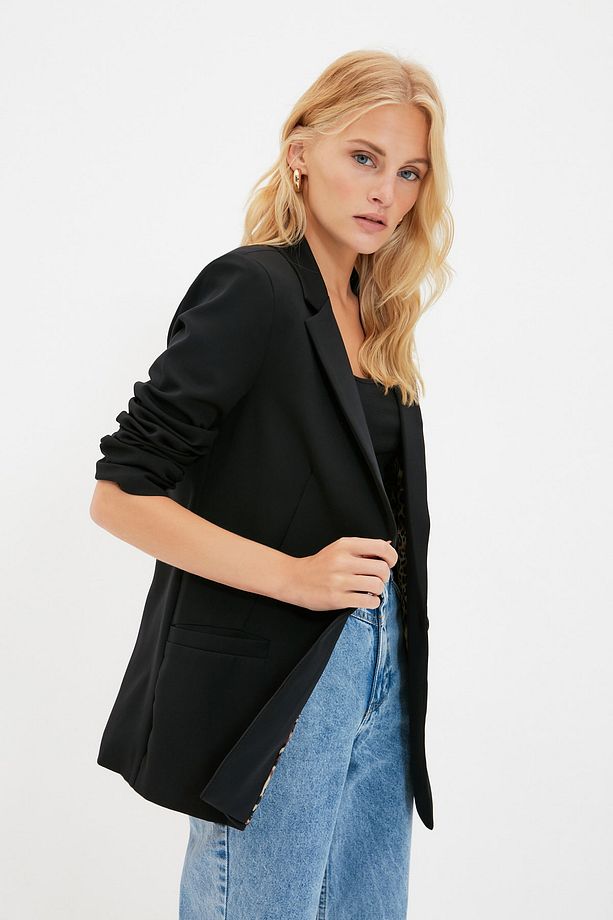 Siyah Regular Astar Detaylı Dokuma Blazer Ceket TWOAW20CE0316 - 3