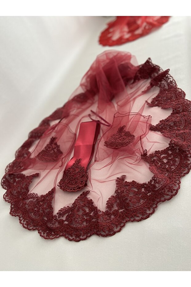 Burgundy Elegant Laced Bridal Veil Sash Gloves Full Set Henna Night Wedding