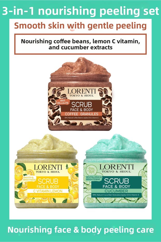 Face and Body Peeling 500 ml Set of 3 - Smoothing Nourishing Care - Coffee, Lemon, Cucumber