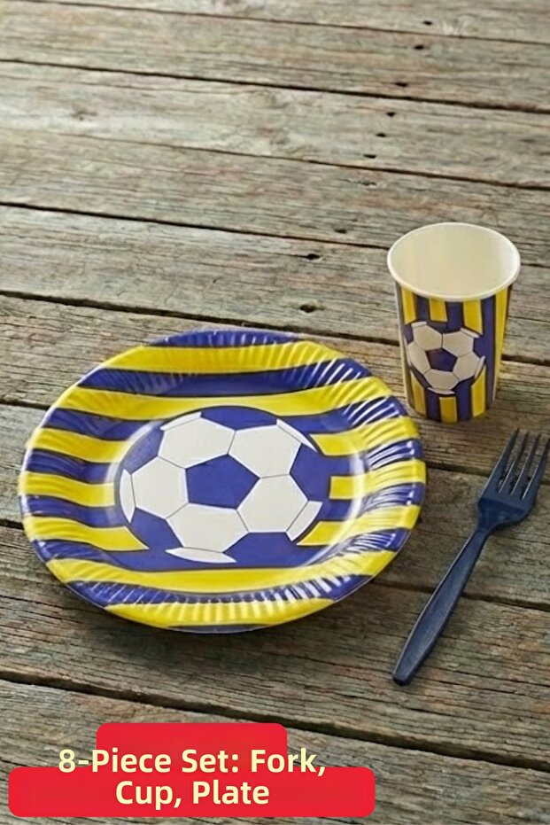 Football Themed Yellow Navy Blue Striped Fan Party Set Plate Cup Fork Birthday Decoration
