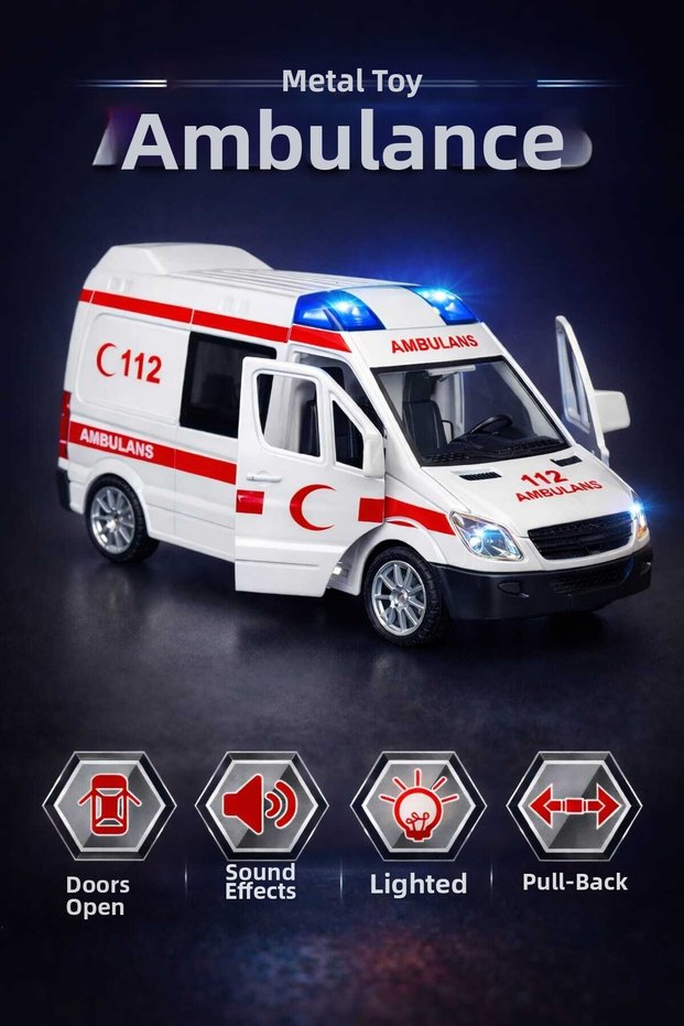 Metal Toy Ambulance – Lights, Sound, Door Opens, Pull and Release