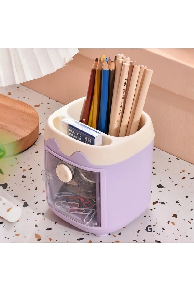 Cute Desktop Pen Holder Kawaii Pen Holder with Lid and Mini Cabinet - Purple
