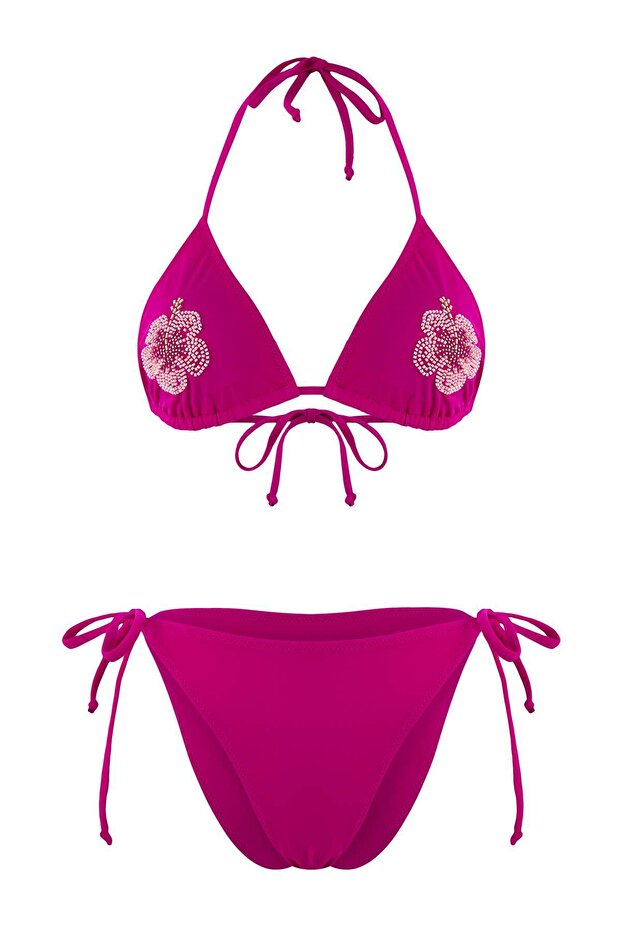 Fuşya Boncuk Aksesuarlı Üçgen Kaplı Normal Bel Regular Bikini Takımı TBESS26BT00011 - 4