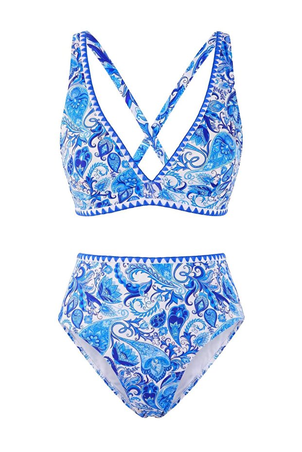 Etnik Desenli Üçgen Nakış Detaylı Kaplı Yüksek Bel Regular Bikini Takımı TBESS26BT00021 - 5