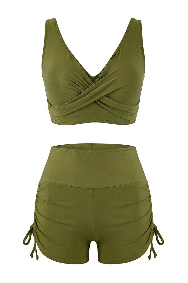 Haki Tünelli Bralette Kaplı Bağlama Detaylı Şort Bikini Takımı TBESS26BT00007 - 5
