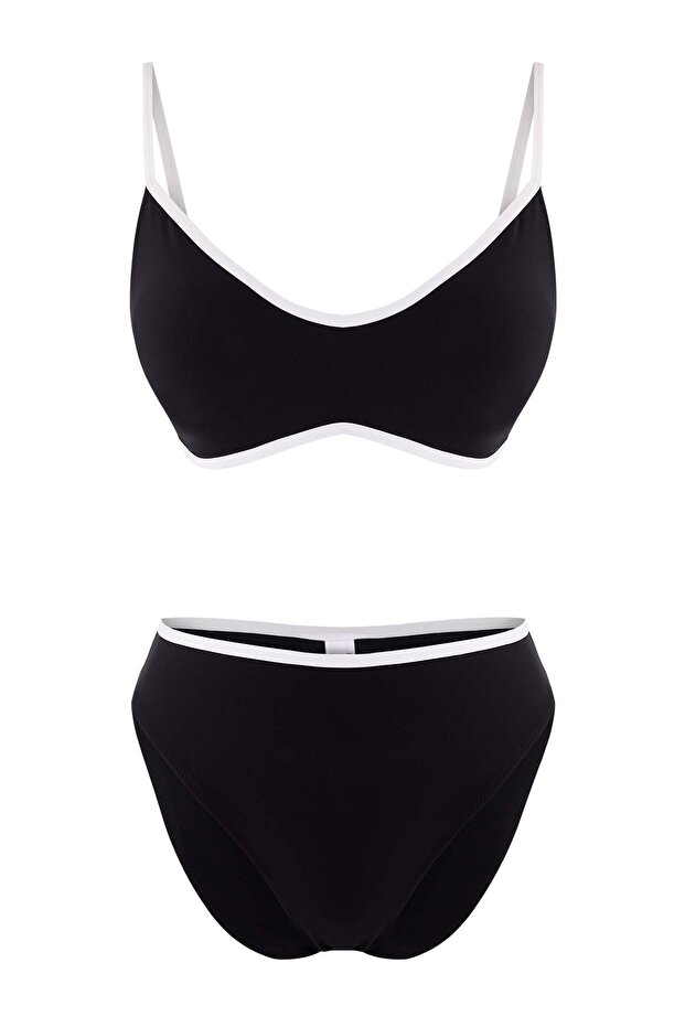 Siyah Renk Bloklu Bralette Kaplı Yüksek Bel Regular Bikini Takımı TBESS26BT00001 - 5