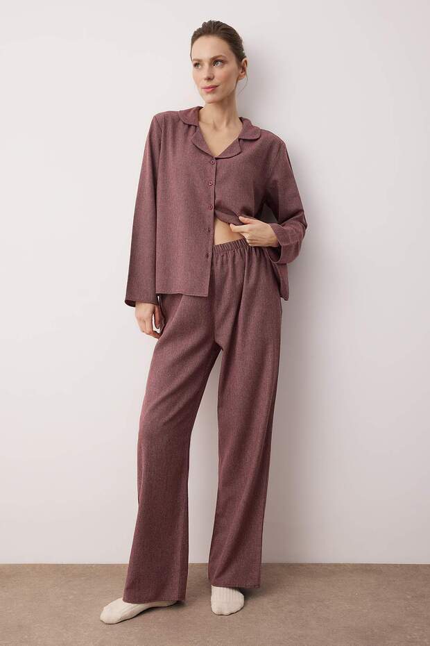 Bordo Pamuklu Kalın/Kışlık Çizgili Flanel Dokuma Pijama Takımı THMAW26PT00196 - 1