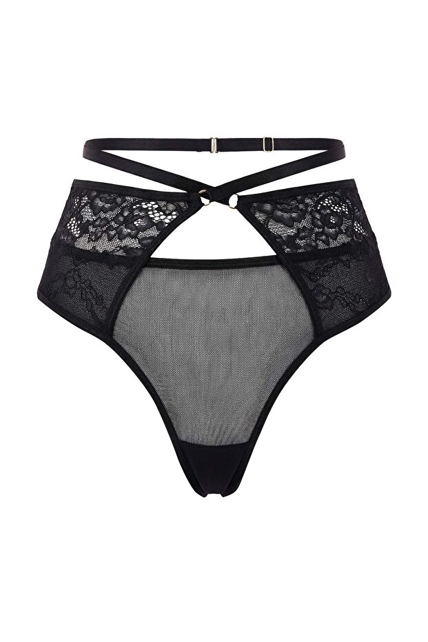 Siyah Çapraz Bel Detaylı Cut Out Dantel/Tül Tanga Külot THMSS26KU00002 - 4