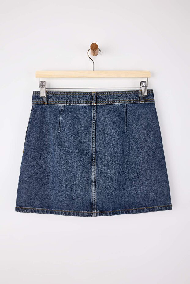 Mavi Düğme Detaylı Mini %100 Pamuk Denim Etek TWOSS26ET00007 - 6