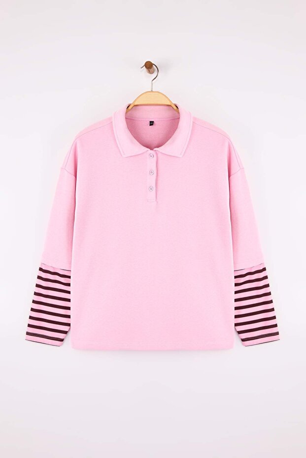 Pembe Polo Yaka Kolları Çizgili Büyük Beden Sweatshirt TBBAW26AO00053 - 1