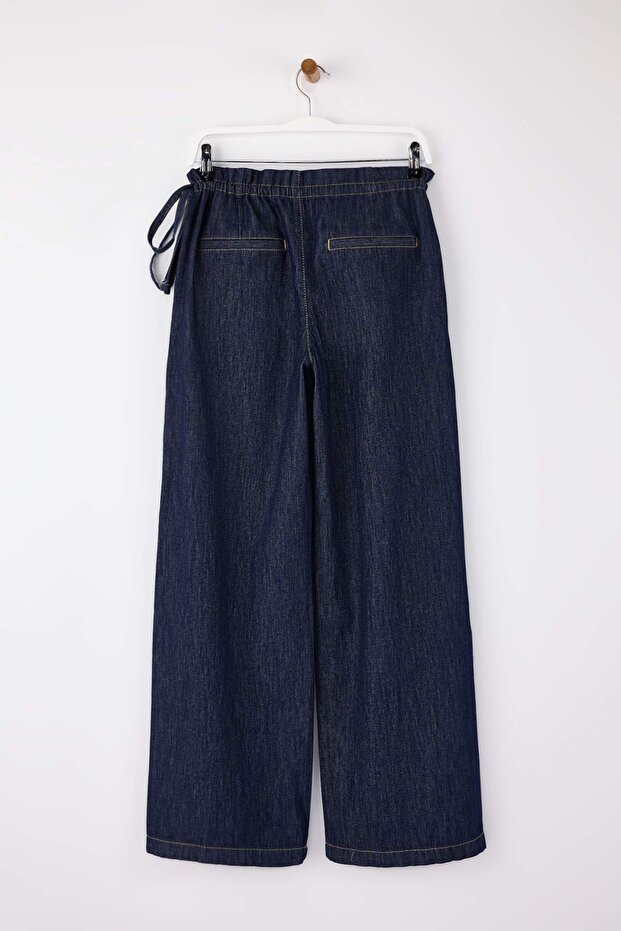 Koyu Mavi DÖKÜMLÜ Bel Detaylı Yüksek Bel %100 Pamuk Wide Leg Jeans TWOSS26JE00060 - 7