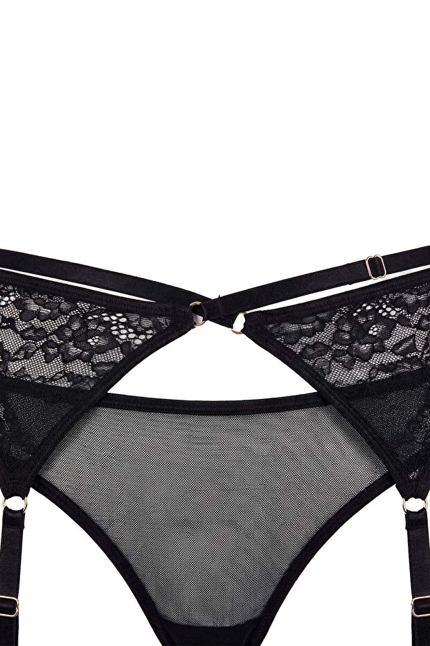 Siyah Çapraz Bel Detaylı Cut Out Dantel/Tül Tanga Külot THMSS26KU00002 - 5