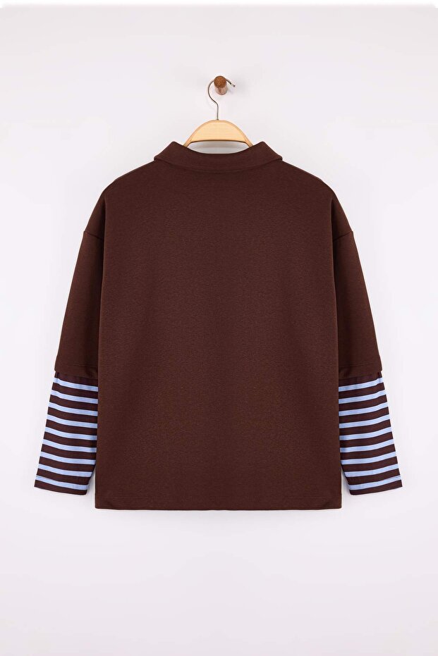 Kahverengi Polo Yaka Kolları Çizgili Büyük Beden Sweatshirt TBBAW26AO00053 - 8